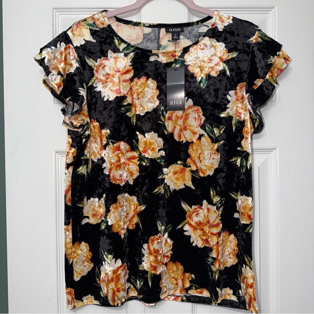 ANA Black Velvet Short Sleeve Top with Yellow Floral Print